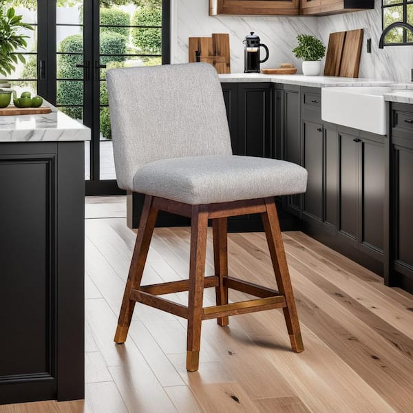 Armen Living Basila 36.5 in. Product Height Brown Oak Swivel Wood 26 in. Seat Height Bar Stool with Taupe Fabric Seat