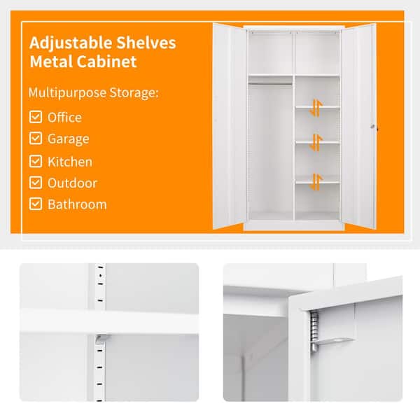 MIIIKO Steel Wardrobe, 72 Combination Storage Cabinet with Clothes Rod and  4 Shelves Organizer Storage, 2 Lockable Doors, for Office Home, Garage
