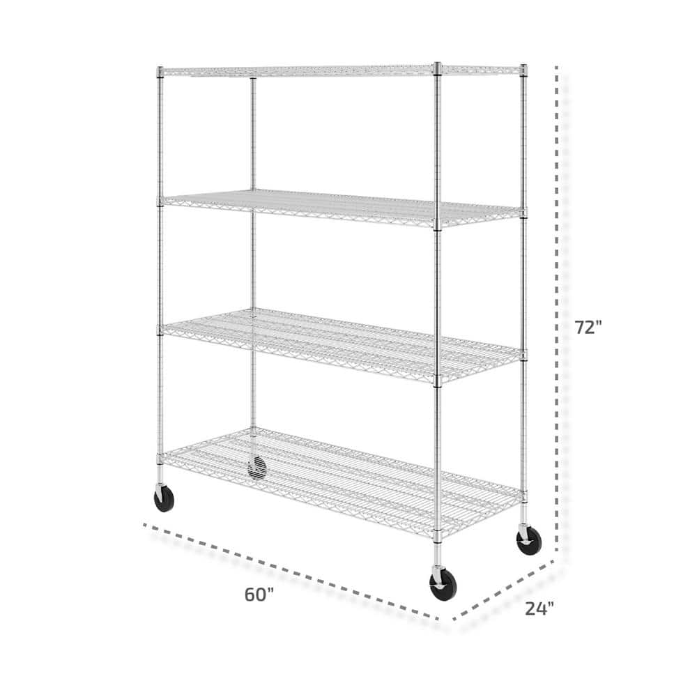 Industrial-Grade 60"x24"x72" 4-Tier Steel Wire Shelving with Wheels