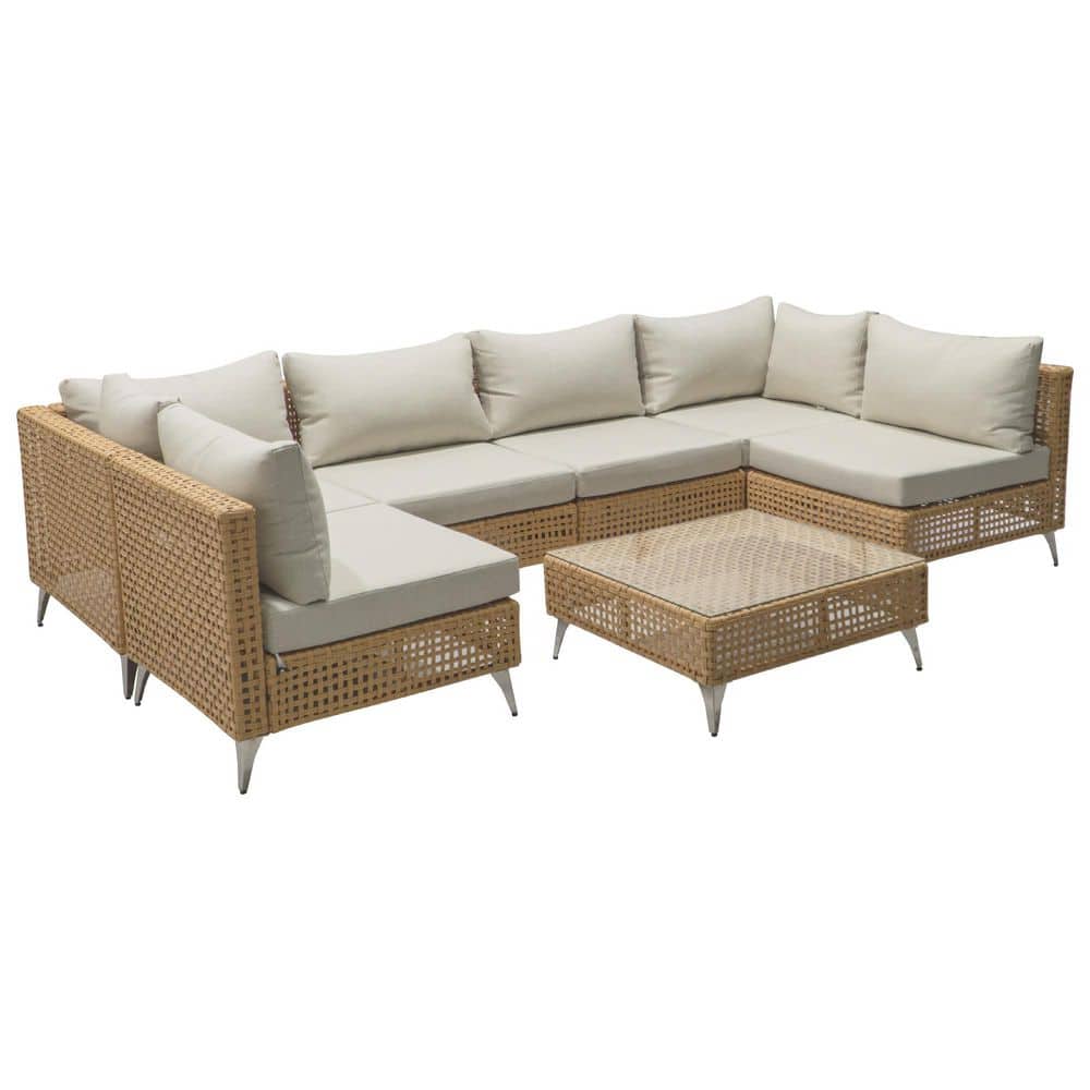 Orange 7-Piece Wicker Outdoor Sectional Set with Beige Cushions and Coffee 