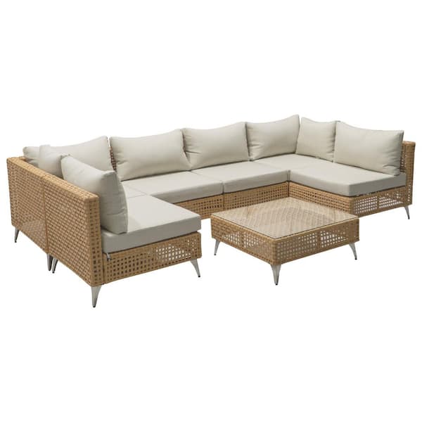 Unbranded Orange 7-Piece Wicker Outdoor Sectional Set with Beige Cushions and Coffee Table