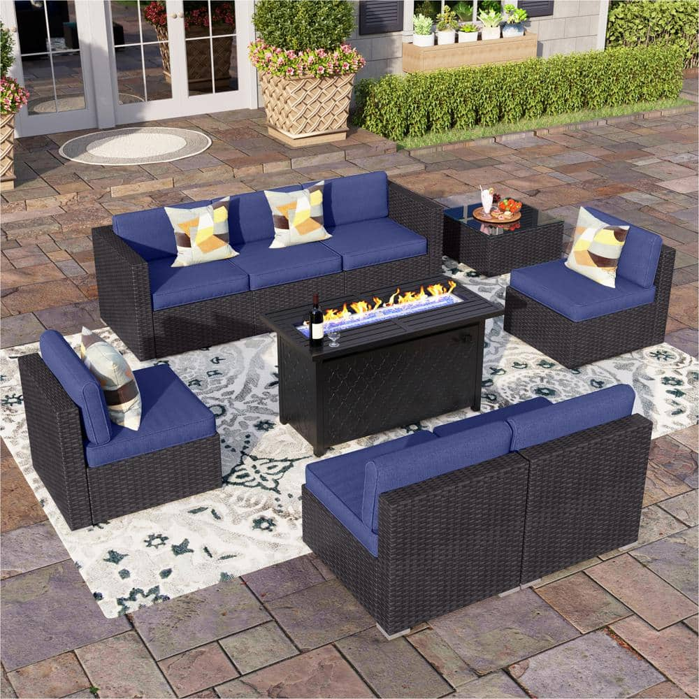 PHI VILLA Dark Brown Rattan Wicker 7 Seat 9-Piece Steel Outdoor Fire ...