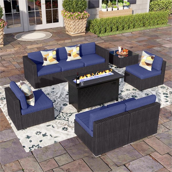 PHI VILLA Dark Brown Rattan Wicker 7 Seat 9-Piece Steel Outdoor Fire Pit Patio Set with Blue Cushions and Rectangular Fire Pit