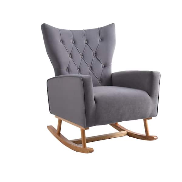 Sudzendf Gray Modern Comfortable Wood Outdoor Rocking Chair with High Back, Solid Wood Legs