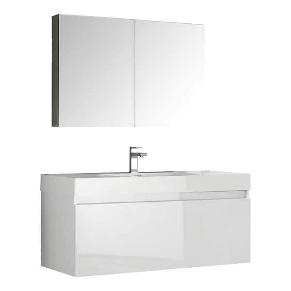 Fresca Mezzo 48 in. Vanity in White with Acrylic Vanity Top in White with White Basin and Mirrored Medicine Cabinet