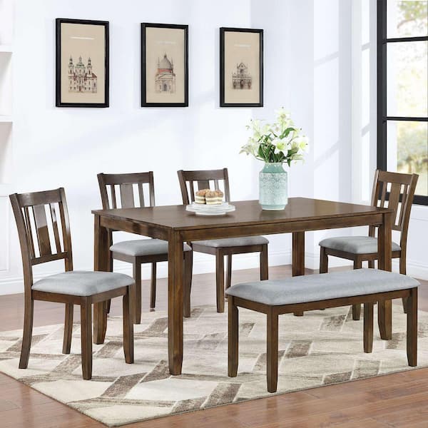 6-Piece Rectangle Walnut Wood Top Dining Room Set Seats 6