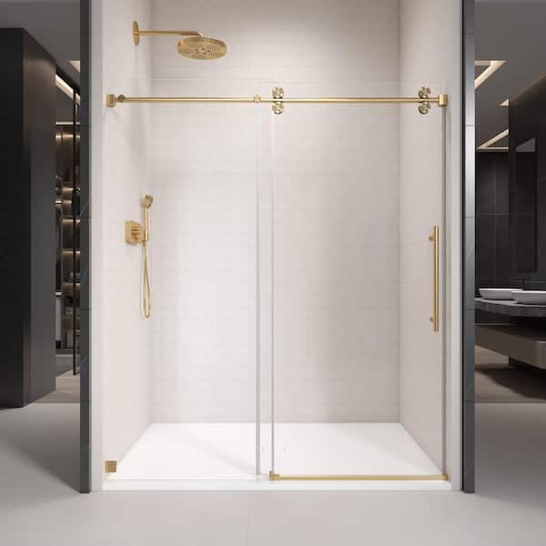 grossag 66 in. W x 76 in. H Single Sliding Frameless Shower Door in Brushed Gold Finish with 3/8 in. Tempered Clear Glass