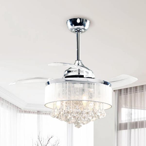 Parrot Uncle Broxburne 36 in. Indoor Chrome Downrod Mount Retractable Crystal Ceiling Fan Chandelier with Light Kit and Remote