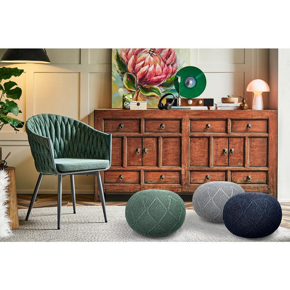 Green Knitted Round Pouf Ottoman with Polyurethane Foam