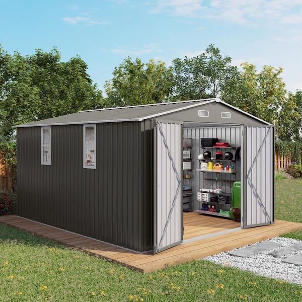 10 ft. W x 12 ft. D Outdoor Metal Storage Shed with Double Door and 2 Window,Large Garden Tool Sheds,Gray (119 sq. ft.)
