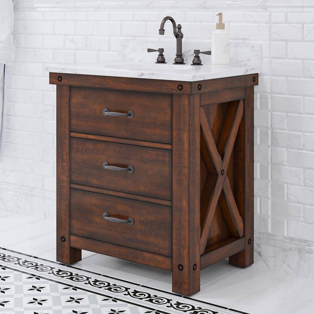 Rustic Sienna 30'' Single Vanity with Carrara White Marble Top