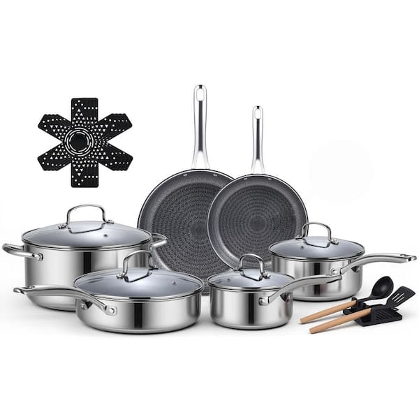 17-Piece Nonstick Stainless Steel Cookware Set in Silver, Hybrid Stainless Steel Pots and Pans Set, Dishwasher Safe
