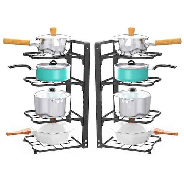 Black Carbon Steel Standing Pot Rack with 4 Adjustable Tiers, Rustproof Pan Organizer (2-Pack)