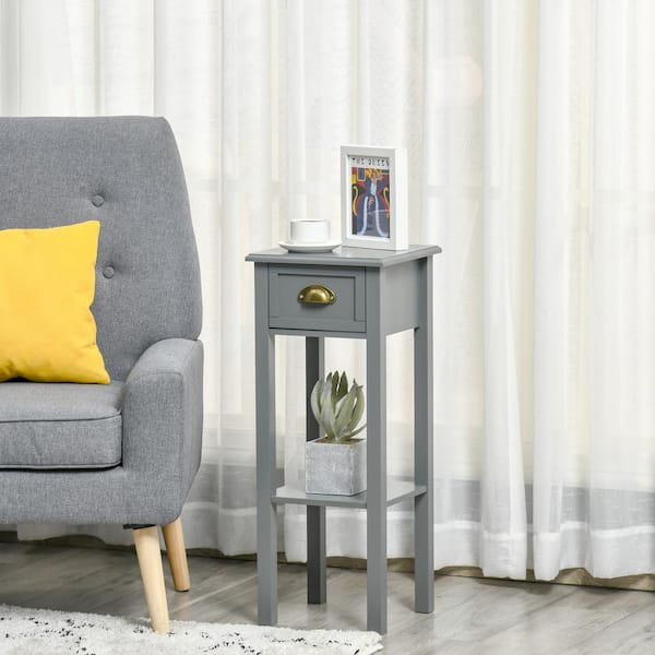 HOMCOM 11.75 in. x 11.75 in. x 29.5 in. 2-Tier Grey Night Stand w/ Drawer, Narrow End Table w/ Bottom Shelf, for Living Room