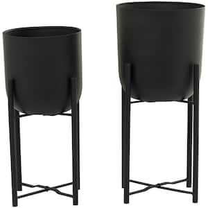 22 in., and 20 in. Large Black Metal Indoor Outdoor Planter with Removable Stand (2- Pack)