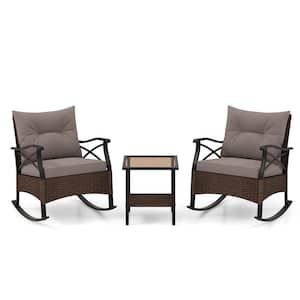 3-Piece Wicker Outdoor Bistro Set Rattan Rocking Chair with 2-Tier Coffee Table and Soft Seat Back Grey Cushions