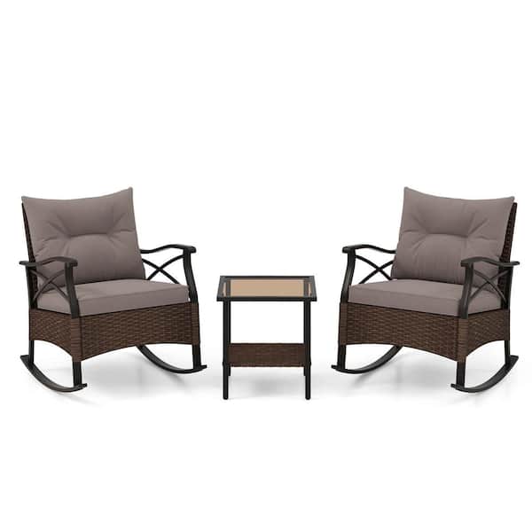 Costway 3-Piece Wicker Outdoor Bistro Set Rattan Rocking Chair with 2-Tier Coffee Table and Soft Seat Back Grey Cushions