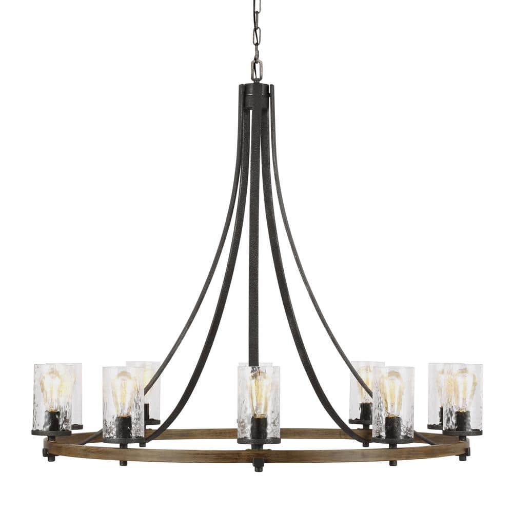 Distressed Weathered Oak & Slate Grey 10-Light Crystal Chandelier