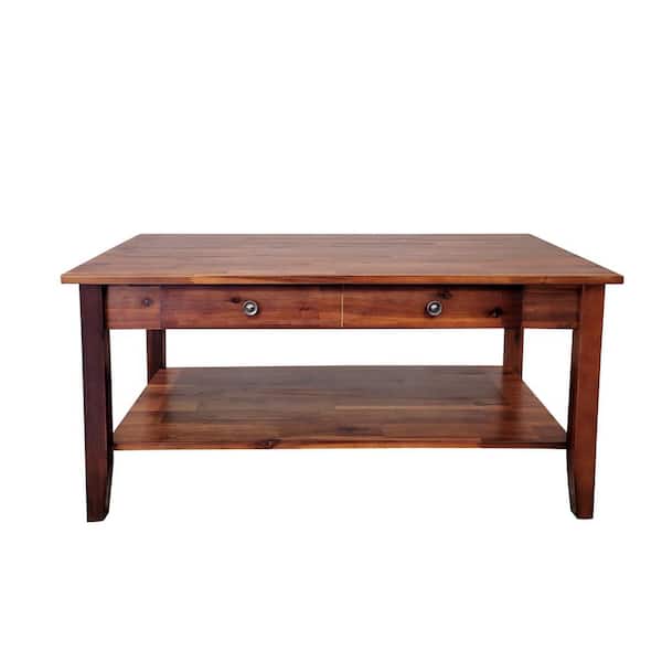 Unbranded 38 in. Mahogany Rectangle Acacia Wood Top Coffee Table with Shelf