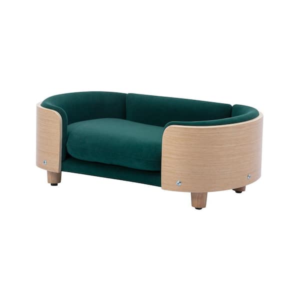 Unbranded Scandinavian style Elevated Dog Bed Pet Sofa With Solid Wood legs and Bent Wood Back Velvet Cushion in Dark Green