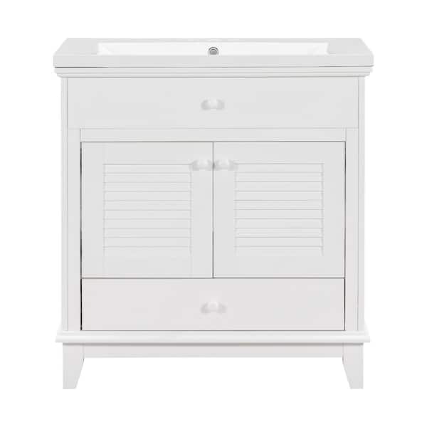 Polibi 30 in. W Single Sink Freestanding Bath Vanity in White with White Ceramic Top, 2 Doors and 1 Drawer