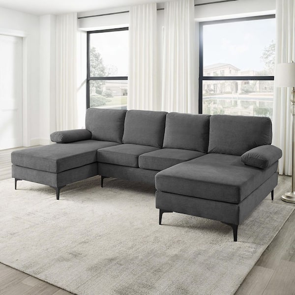 105 in. 4-piece U-Shaped Modern Polyester Blend Upholstered Sectional Sofa with Double Chaises in Dark Grey
