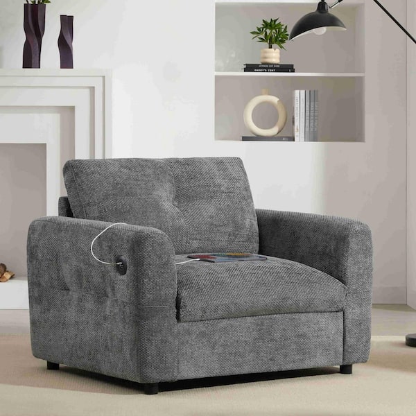 Gray Chenille Arm Chair with Wide Seat and Dual-Port Charger