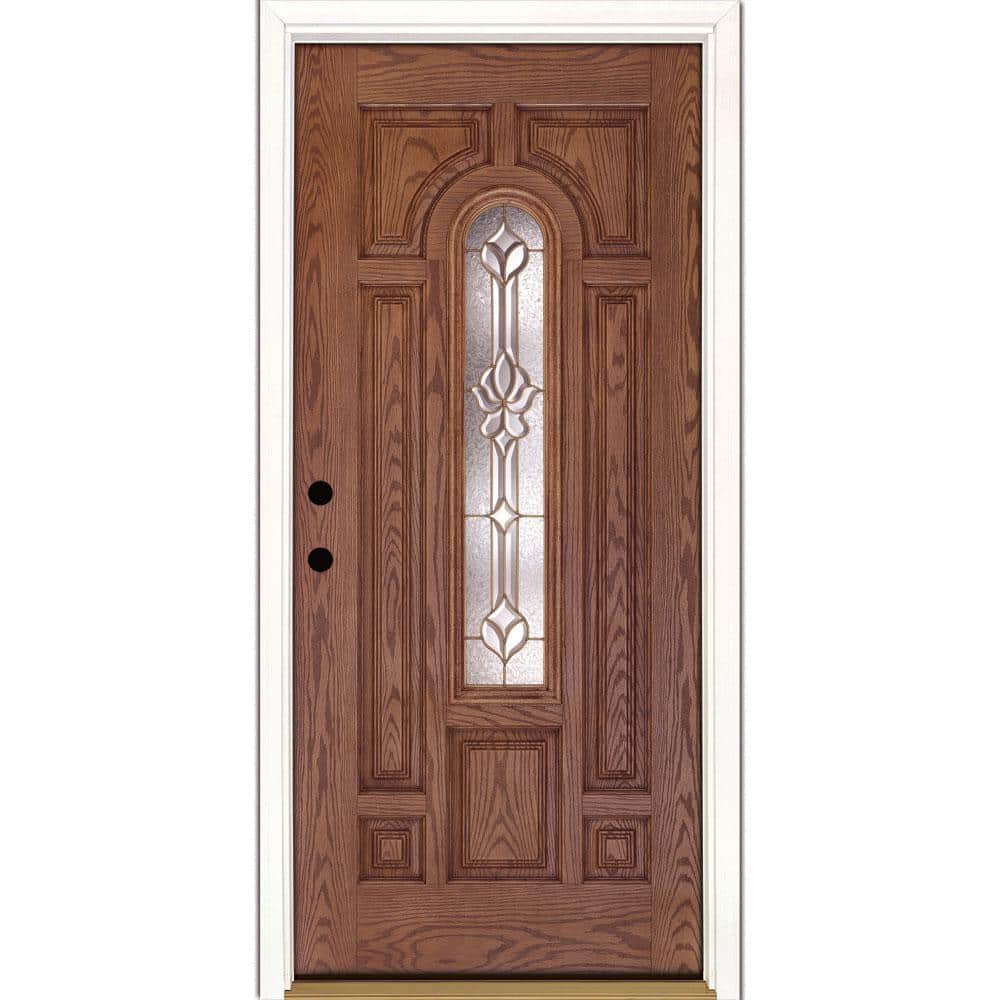 37.5 in. x 81.625 in. Medina Brass Center Arch Lite Stained Medium Oak Righ