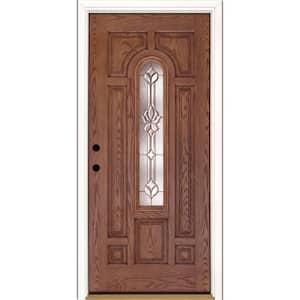 37.5 in. x 81.625 in. Medina Brass Center Arch Lite Stained Medium Oak Right-Hand Inswing Fiberglass Prehung Front Door