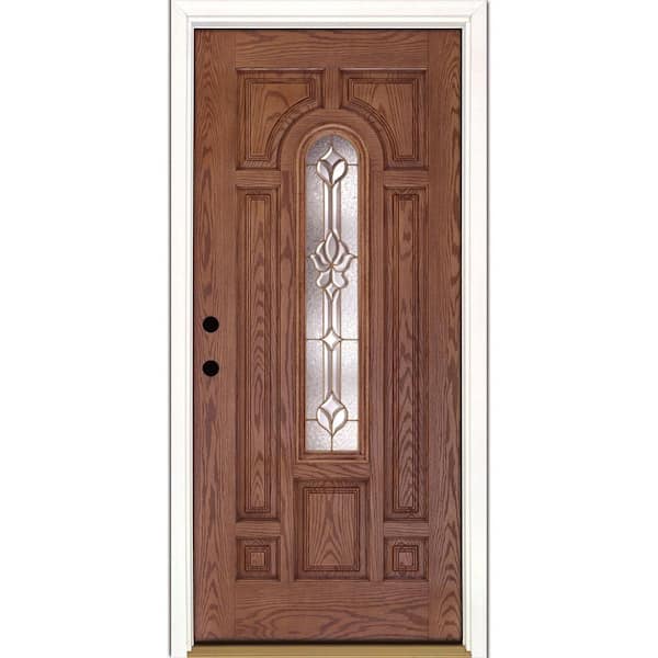 Feather River Doors 37.5 in. x 81.625 in. Medina Brass Center Arch Lite Stained Medium Oak Right-Hand Inswing Fiberglass Prehung Front Door