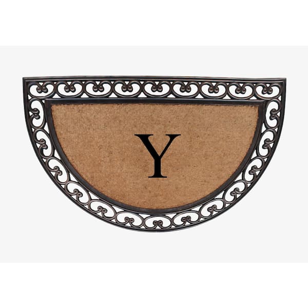 A1 Home Collections A1hc Natural Coir & Rubber Monogrammed Large Door Mat, Front Entry Doormat, Half Round Black 30 x 60 Y, Black/Beige