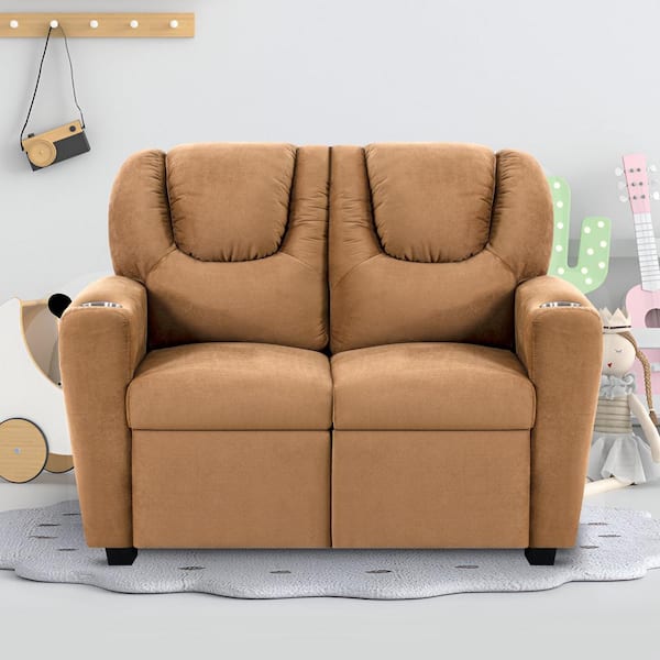 HOMESTOCK Brown Pushback Kids Loveseat with Footrest and Cupholders - Recline, Relax, and Rule in Soft Microfiber