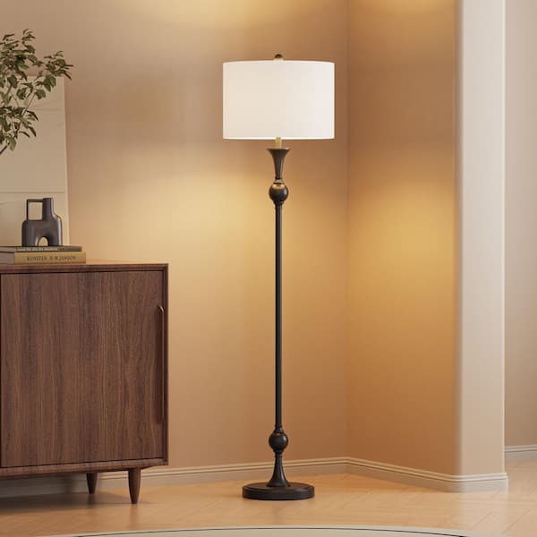 60 in. Bronze 1-Light Standard Floor Lamp for Living Room with Fabric Drum Shade