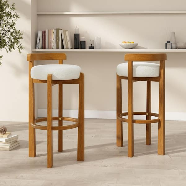 34.25 in. H Walnut Finish Solid Wood Low Back Bar Stools with White Upholstery (Set of 2)