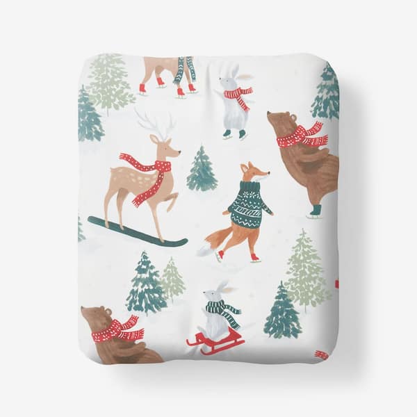 Company Cotton Winter Skiing Animals White Multi Cotton Percale Twin Fitted Sheet