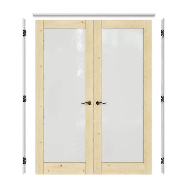 64 in. x 96 in. 1-Lite Frosted Glass Universal Solid Core Unfinished Pine Wood Double Prehung French Door+ Seperate Jamb