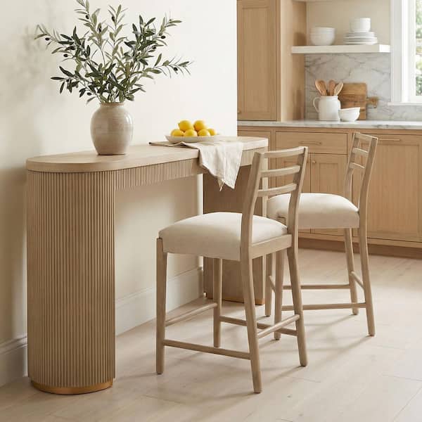 Egan 3-Piece Light Ash 34.5 in. H Rectangle Curved Bar Table Seats 2 with Wood Texture Finish, 2 Beige Wood Stools