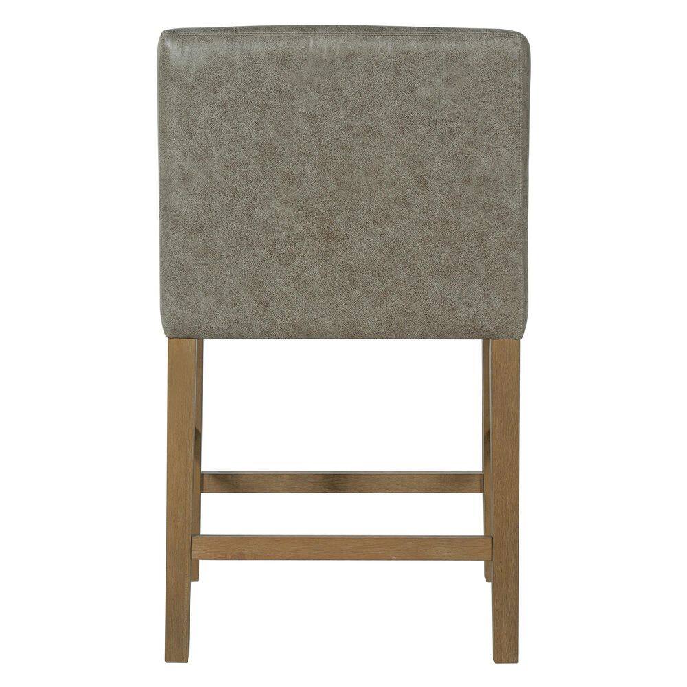 Rear view of a gray faux leather counter stool with a natural wood frame.