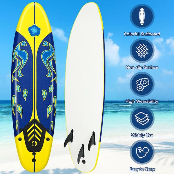 Costway 72 in. Yellow Surfboard Foamie Body Surfing Board W/3 Fins