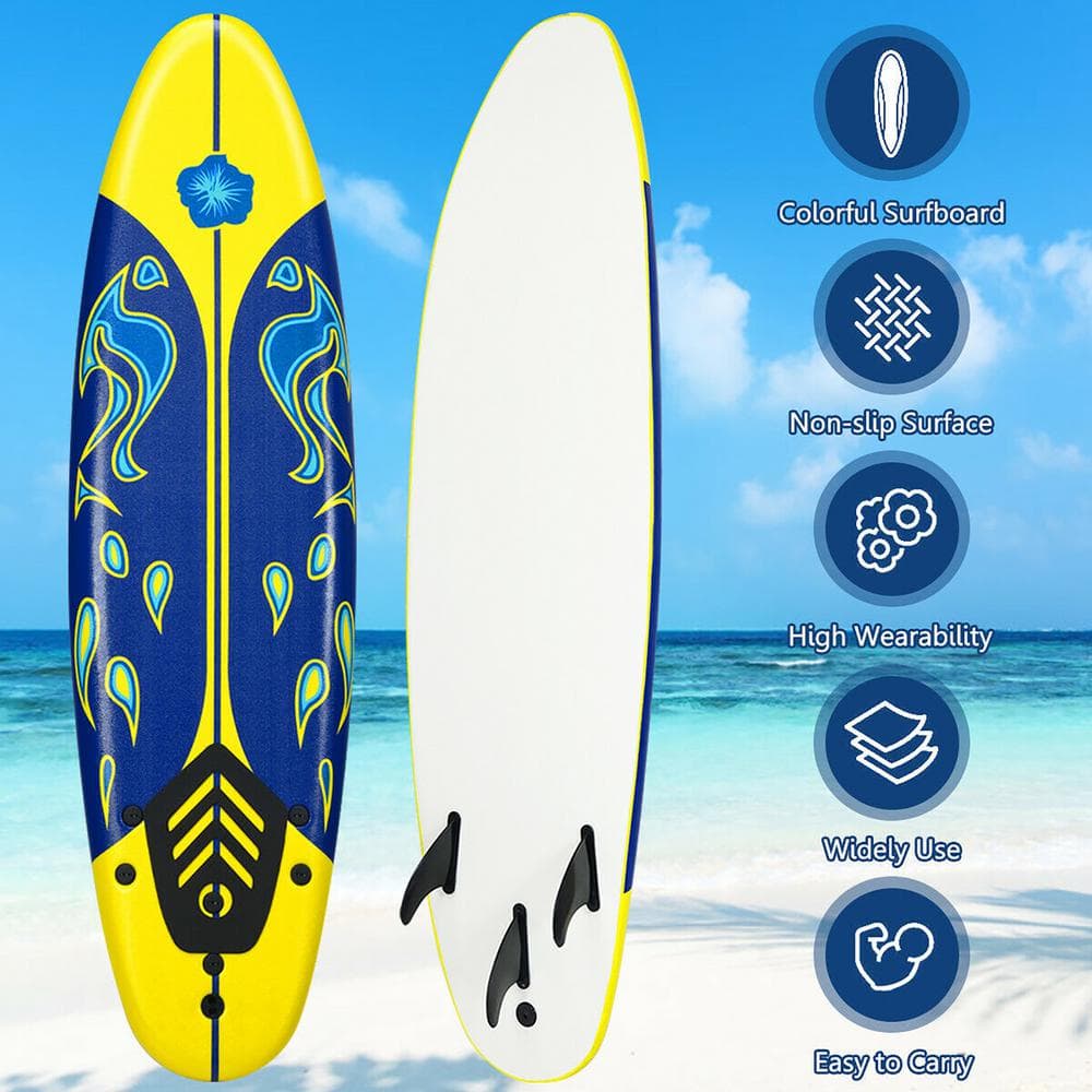 Yellow and Blue Foam Surfboard with Fins and Leash