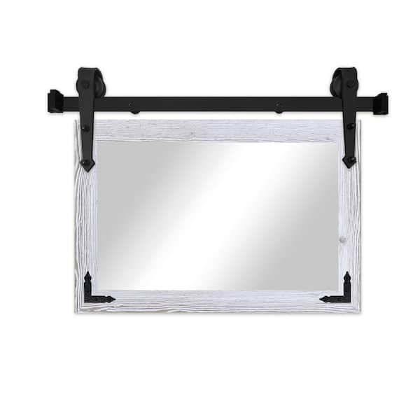 (33 in. W x 22 in. H) Distressed White Vertical Mirror with Steel Barn Door Track and Metal Corner Brackets
