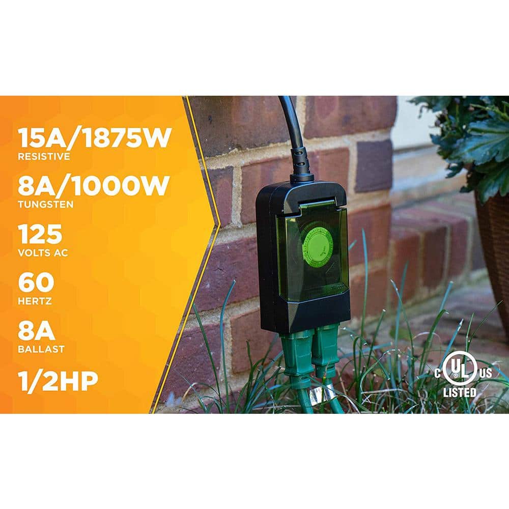 Black Outdoor Mechanical Timer with 2 Grounded Outlets