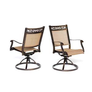 2-Piece Cast Aluminum Outdoor Dining Bistro Chair Set Comfort Club Sling Arm Patio Swivel Rocker Chair