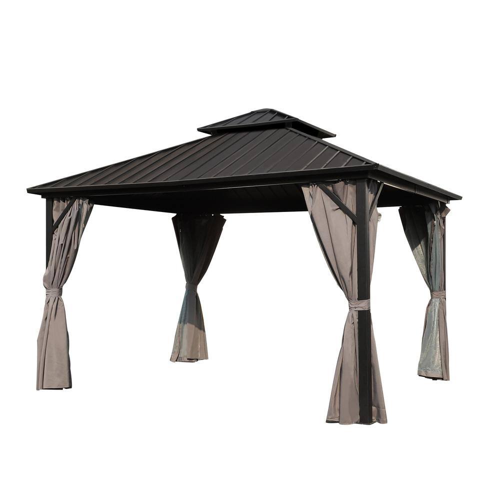 10 ft. x 10 ft. Aluminum Double Hardtop Gazebo with Grey Curtains and Netting