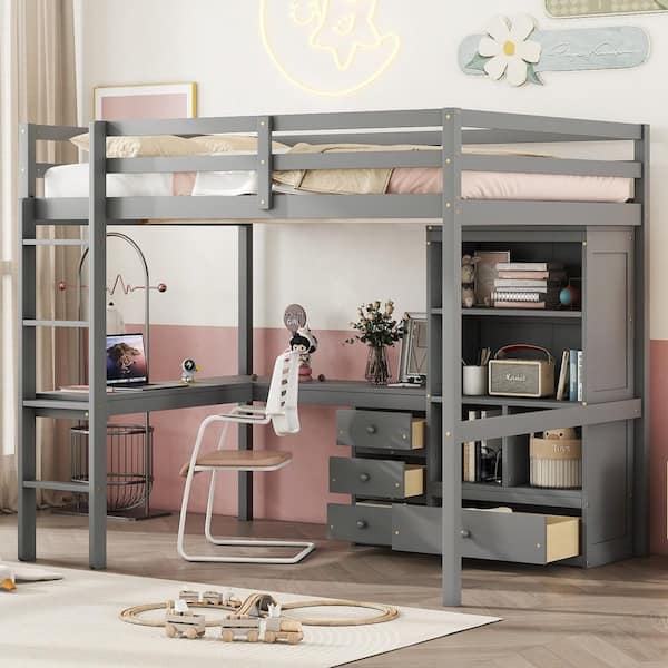 Edward Grey Full Size Loft Bed with Desk, Built-in Ladder, Storage Shelves, Drawers, Guardrails