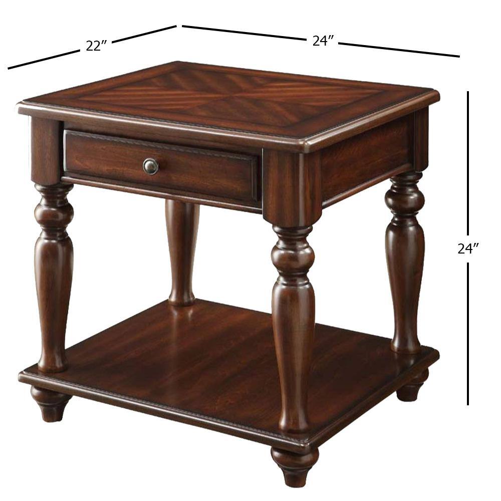 Walnut Brown Wooden End Table with Drawer and Shelf