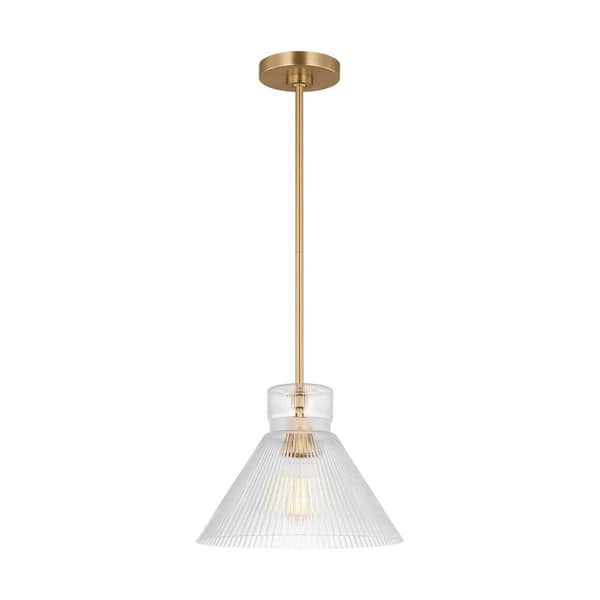 Liouet 12 in. W x 9 in. H 1-Light Satin Brass Transitional Pendant Light with Clear Ribbed Glass Shade