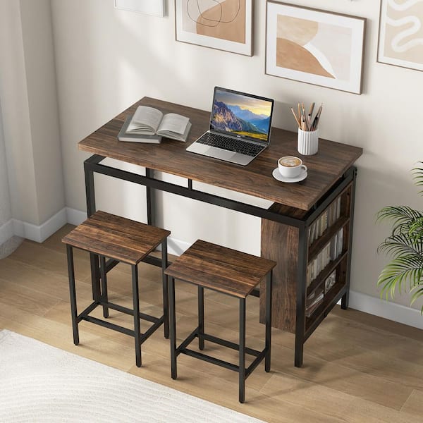 Gymax 3-Piece Rectangle Brown Wood Top Table Set w/3-Tier Storage Shelf