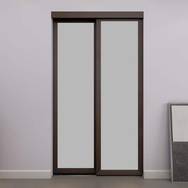 Colonial Elegance 48 in. x 80.5 in. 1-Lite Indoor Studio MDF Wood Mocha Frame with Frosted Glass Interior Sliding Closet Door