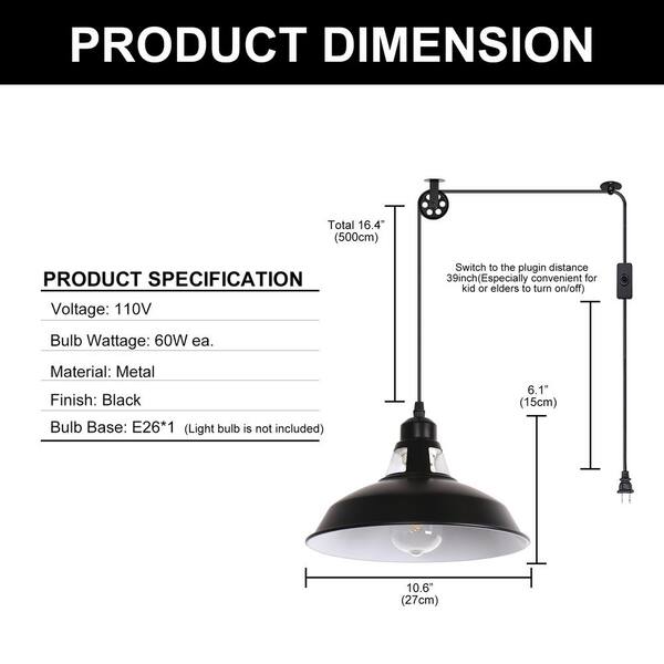 YANSUN 1-Light Black Industrial Bowl Shade Pendant Light